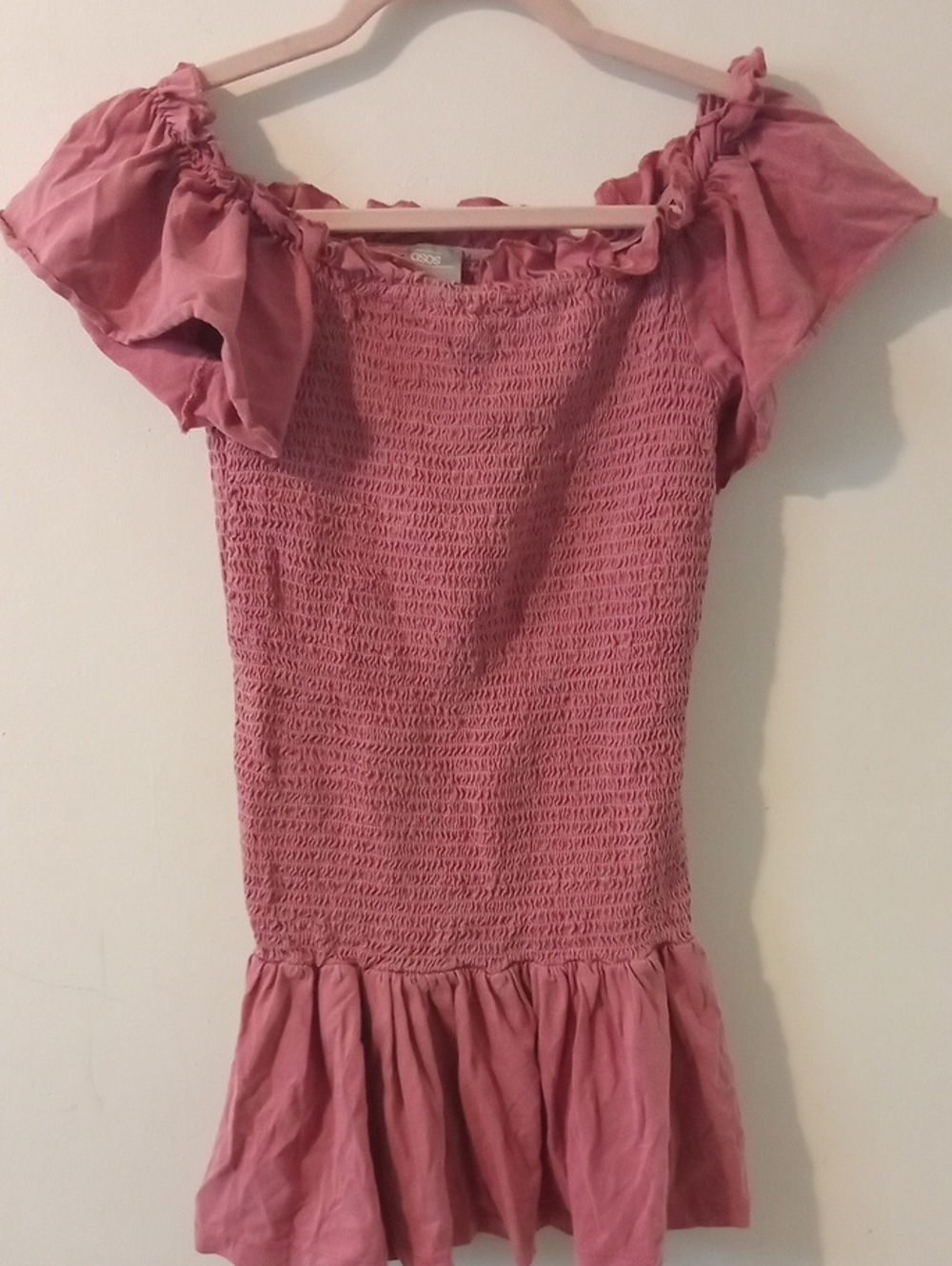 ASOS Pink Smocked Off-Shoulder Ruffle Dress